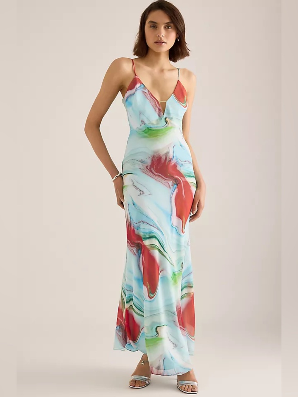 NWT Bardot XL Green Floral Plunged V-Neck Sleeveless Slip Dress Marble Tie Dye
